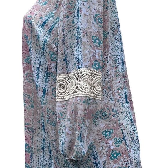 Krazy Kat Tunic Blouse Women's Large Pastel Floral Crochet Lace Trim 3/4 Sleeve - Picture 10 of 14